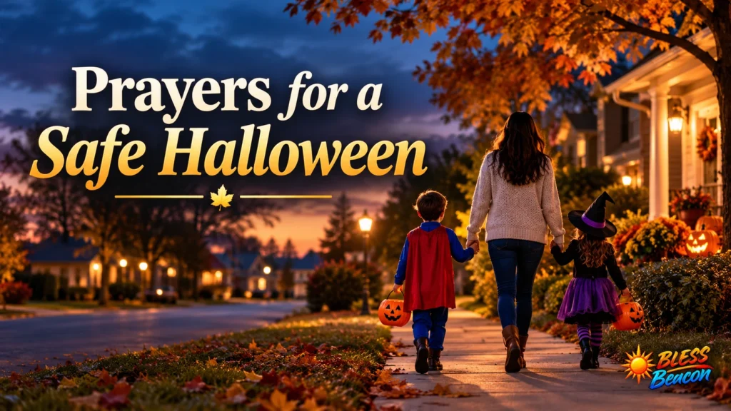 Mother walking with her children in Halloween costumes along a warmly lit autumn neighborhood sidewalk