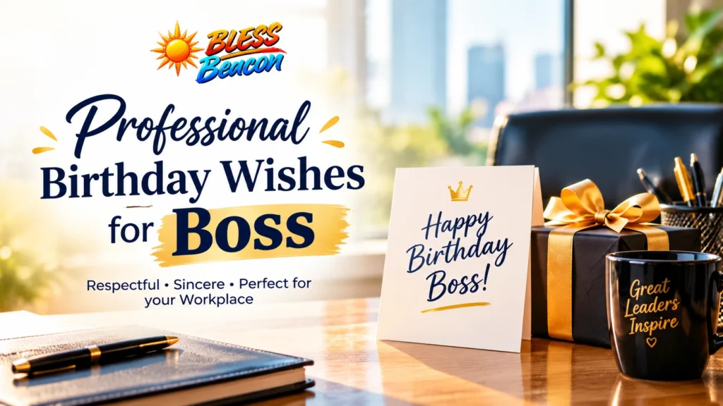 Professional birthday wishes for boss displayed beside a birthday card and gold-wrapped gift