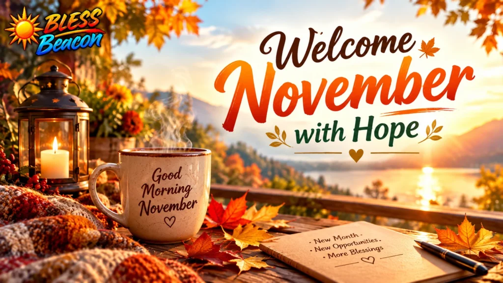 Welcome November with hope beside a steaming mug, autumn flowers, and a gratitude journal