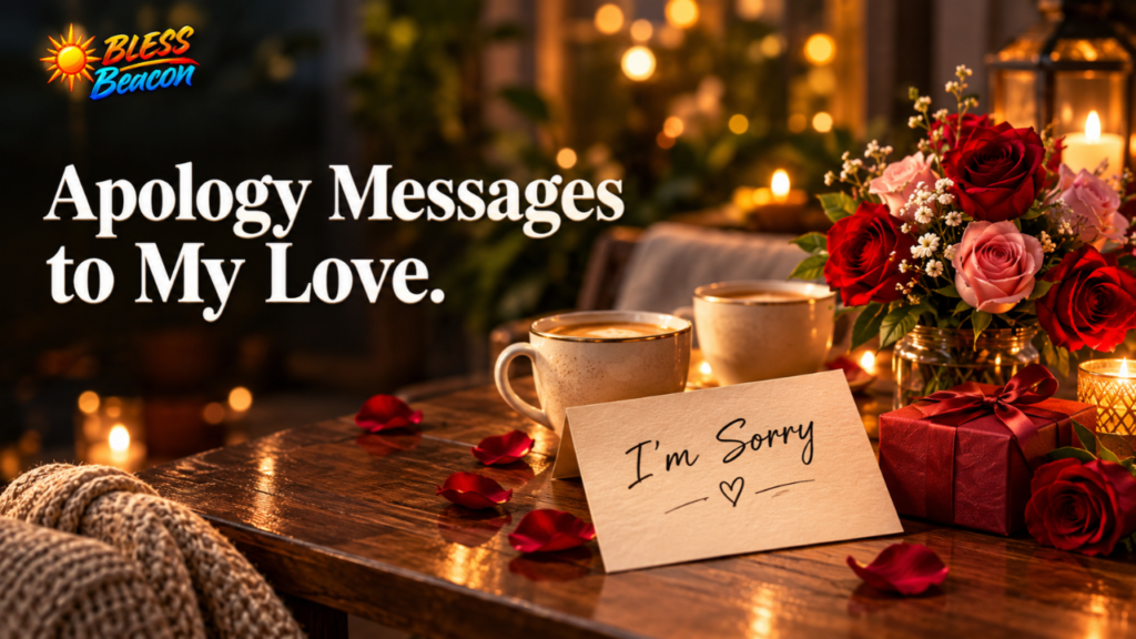 Apology messages to my love with romantic roses, candles, and an I'm sorry note