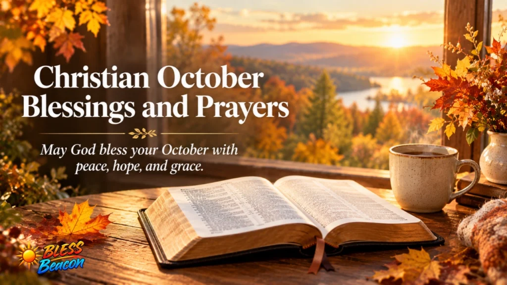 Christian October blessings and prayers with an open Bible and autumn leaves