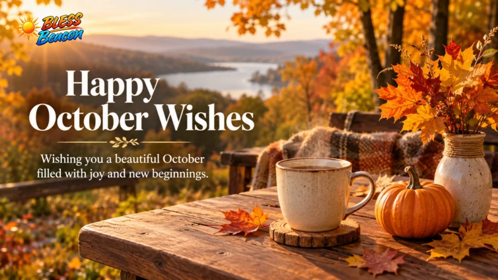 Happy October wishes with warm autumn leaves and seasonal decorations
