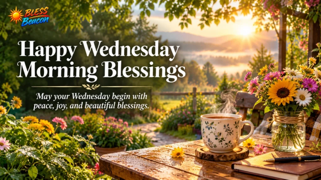 Happy Wednesday morning blessings with flowers and golden sunrise