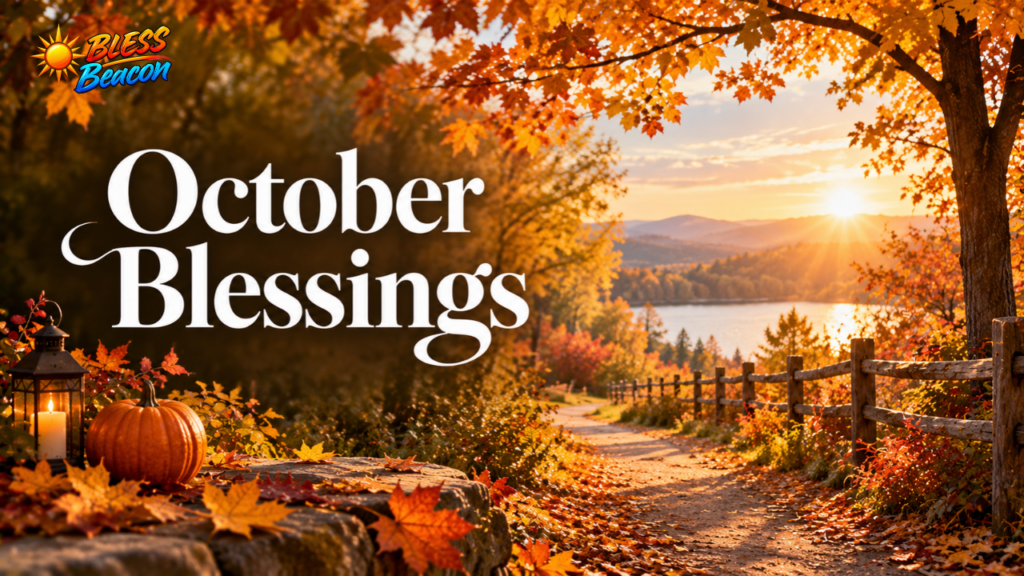 October blessings with golden autumn leaves and peaceful sunrise